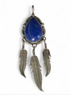 Antique Lapis Lazuli Blue Authentic Teardrop Feather Pendant Necklace